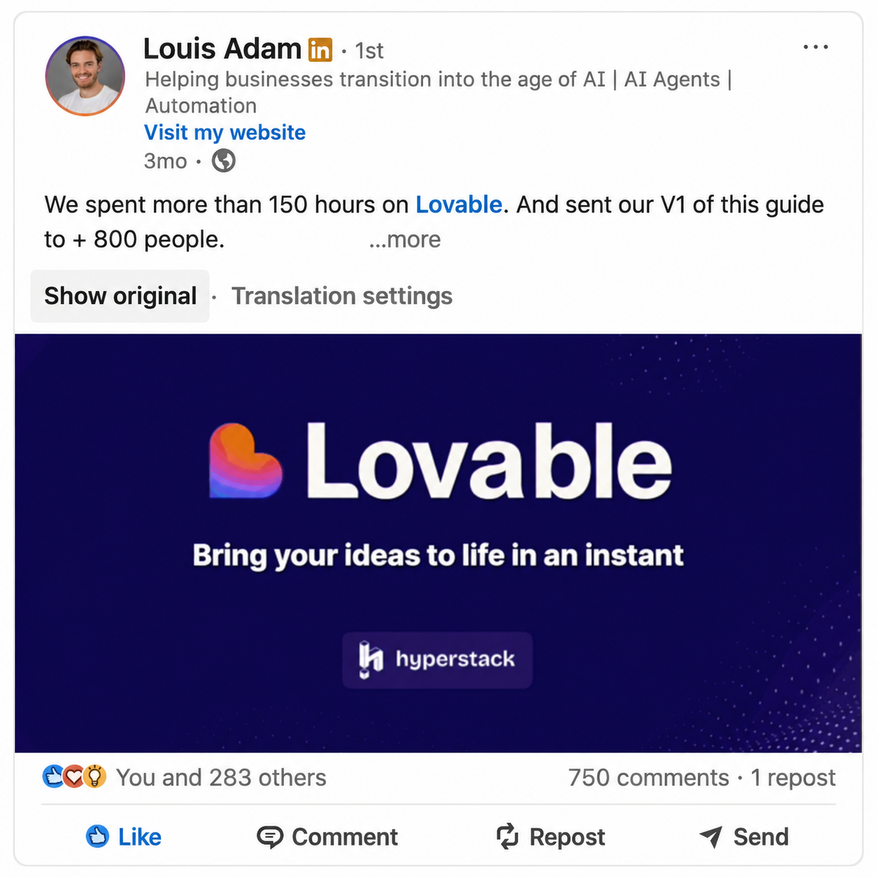 LinkedIn post — Lovable guide by Louis Adam