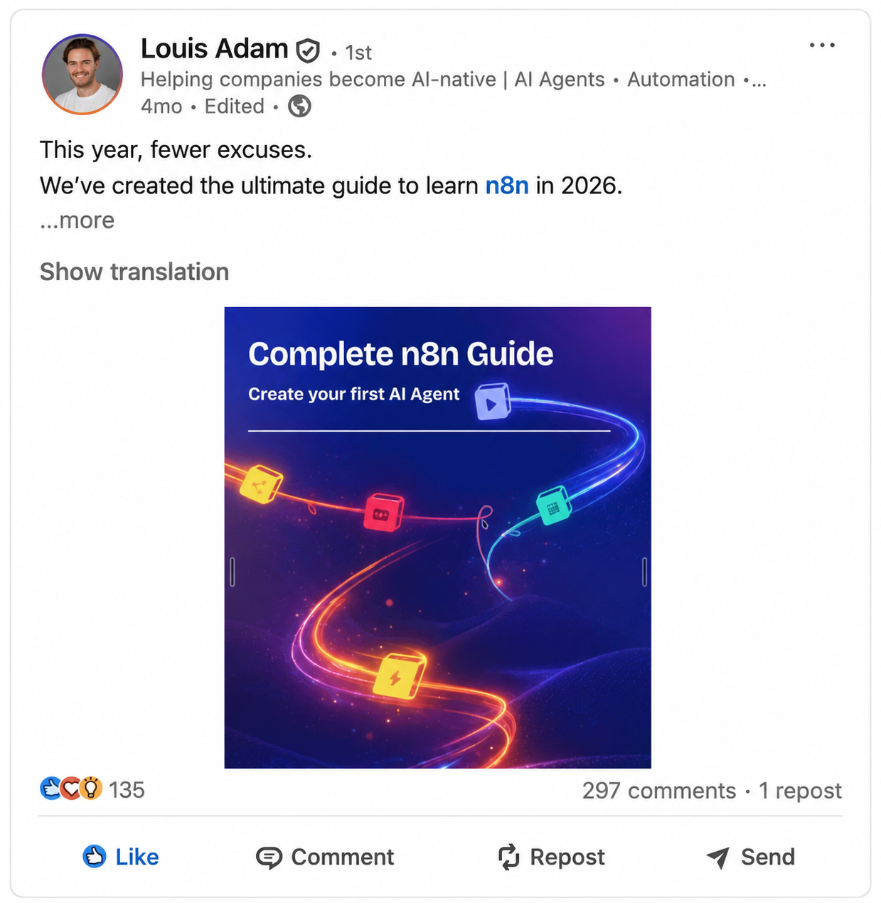 LinkedIn post — n8n Guide by Louis Adam