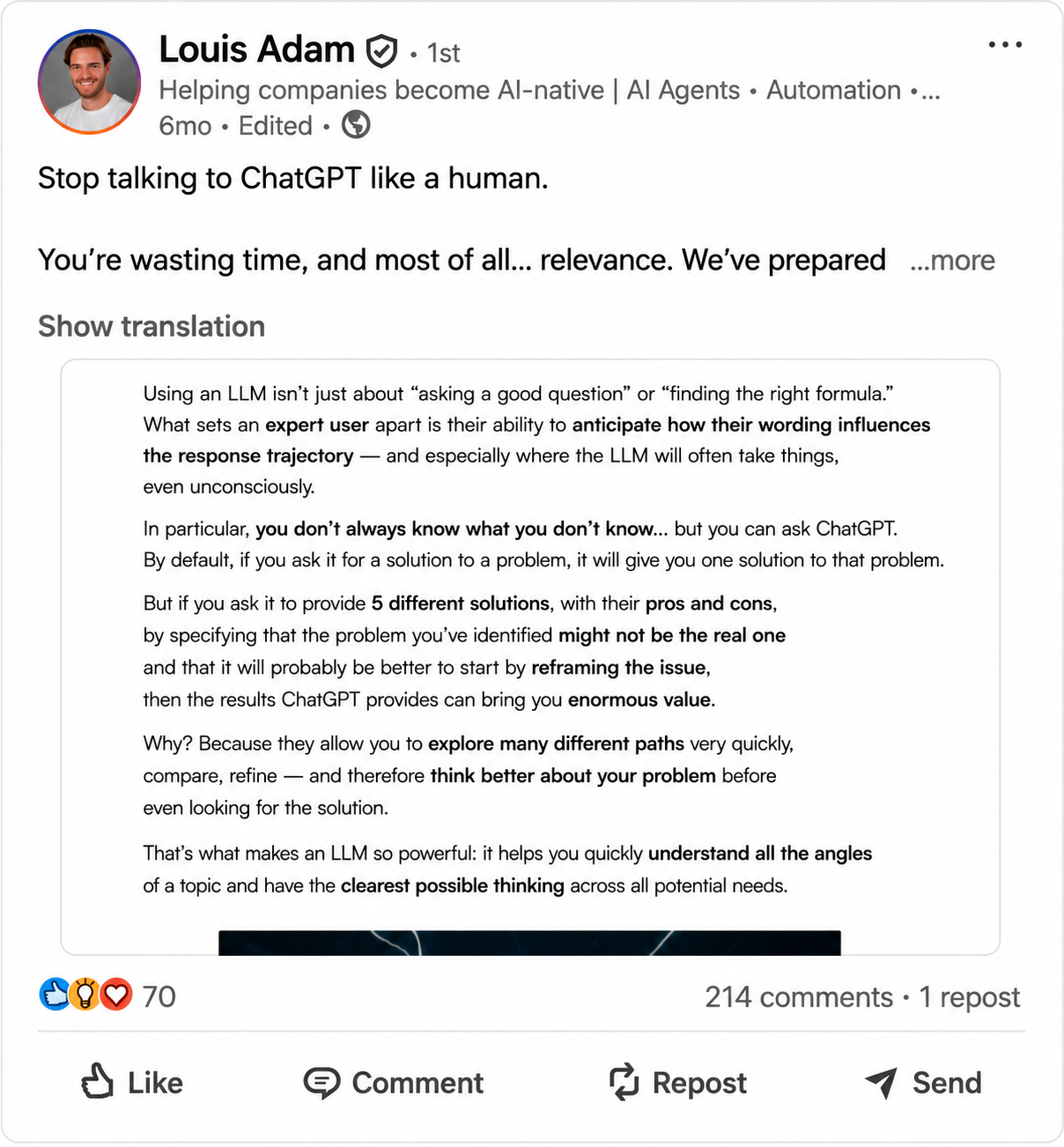 LinkedIn post — LLM prompting by Louis Adam